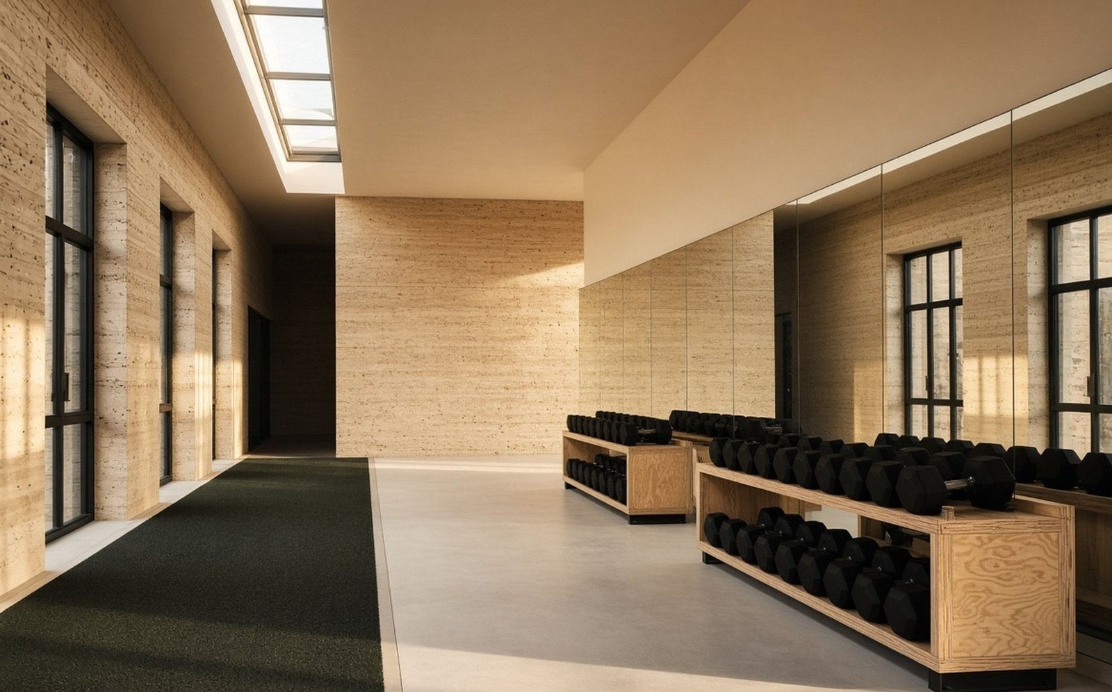 Booked studio floor with oak racks and limestone walls